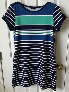 Lands' End Navy, Teal & White Striped  Ladies ' Casual Dress